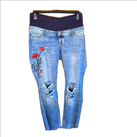 Mama Maternite Low Rib Maternity Distressed Embroidered Kick-Flare Jeans Size 10 - Picture 1 of 17